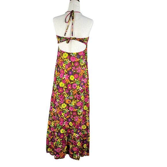 90s Free People Dress 2 Floral Halter Maxi Linen Cotton Festival Boho Summer - Picture 8 of 13